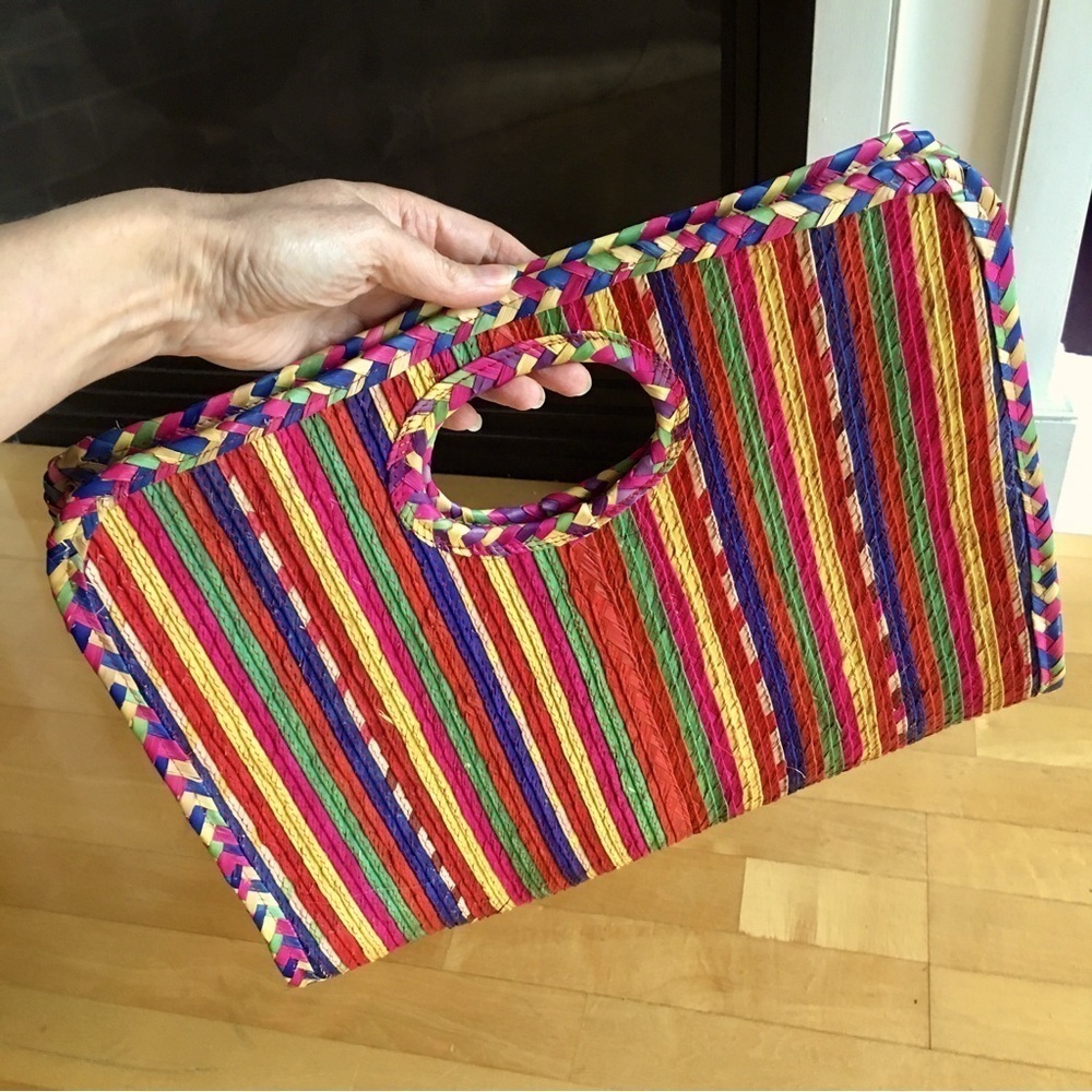 Colorful, Festive, Striped, Straw Open Top Hand Bag